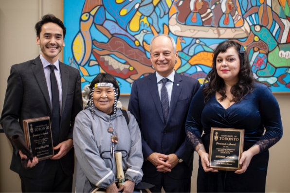 Meric Gertler and Inuk Knowledge Keeper Naulaq LeDrew with the students who won Outstanding Indigenous Student of the Year.