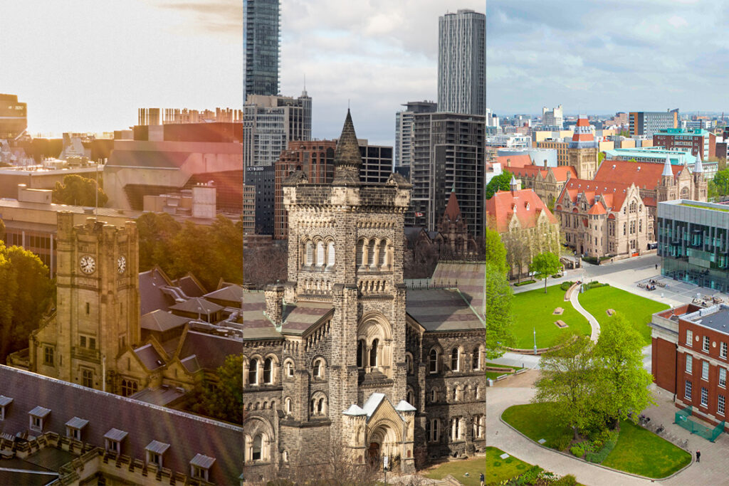 Composite image: the campuses of the University of Melbourne, the University of Toronto and the University of Manchester.