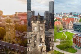 Composite image: the campuses of the University of Melbourne, the University of Toronto and the University of Manchester.