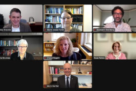 Screenshot of a zoom call with key institutional leaders celebrating 2020/2021 university professors